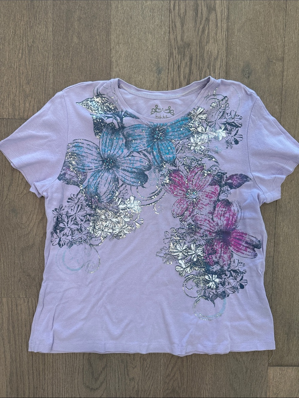 Nicole Miller Watercolor Floral Short Sleeve‎ Lavender Casual T-shirt Women's XL